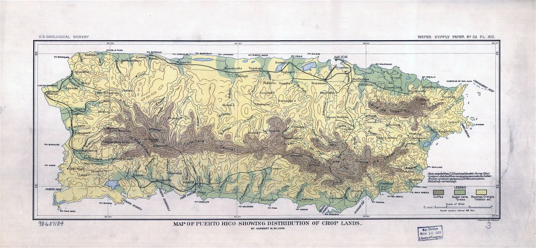 Крупномасштабная старая карта Пуэрто-Рико, показывающая распределение посевных площадей - 1899