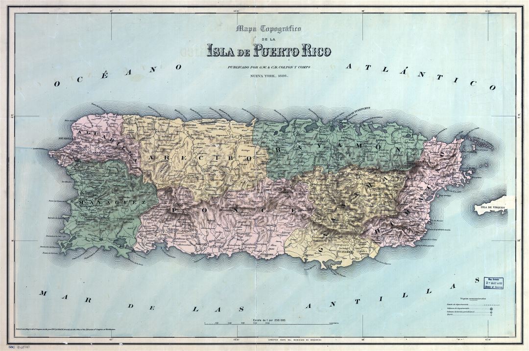 Крупномасштабная старая карта Пуэрто-Рико с административными делениями, рельефом и другими пометками - 1886