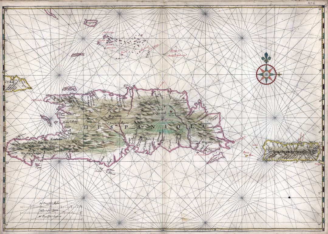 Крупномасштабная старая карта островов Эспаньола и Пуэрто-Рико - 1639