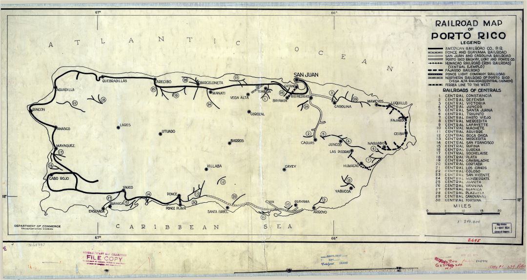 Крупномасштабная старая карта железных дорог Пуэрто-Рико - 1924
