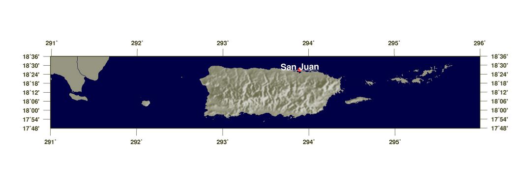 Большая затененная карта рельефа Пуэрто-Рико