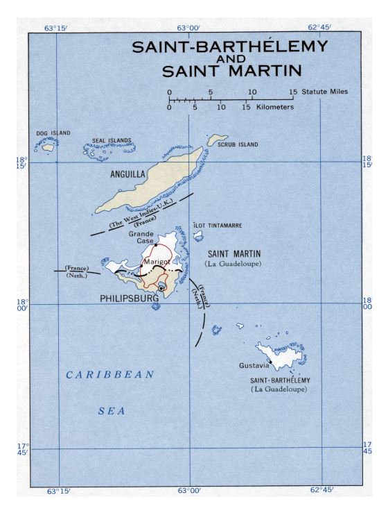 Большая детальная политическая карта Сен-Бартельми и Сен-Мартена с главными дорогами и крупными городами - 1960