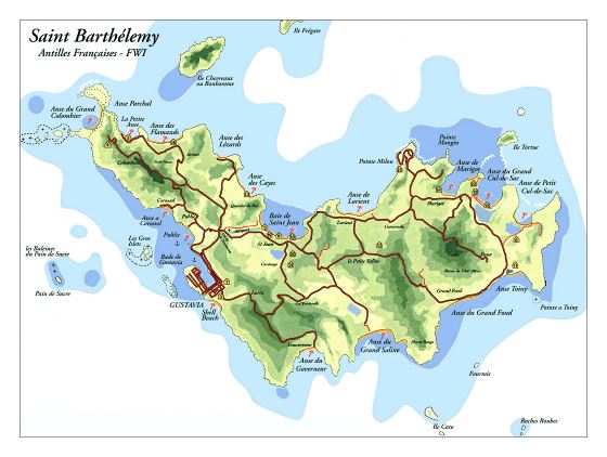 Большая карта дорог и туристическая карта острова Сен-Бартельми