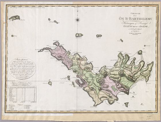 Крупномасштабная старая карта Сен-Бартельми с рельефом и другими пометками - 1801