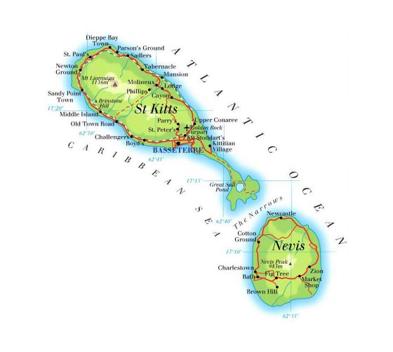 Детальная карта высот Сент-Китса и Невиса с дорогами, железными дорогами, городами и аэропортами