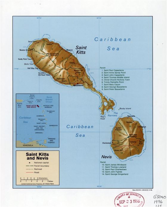 Большая детальная политическая и административная карта Сент-Китса и Невиса с рельефом, дорогами, железными дорогами и городами - 1996