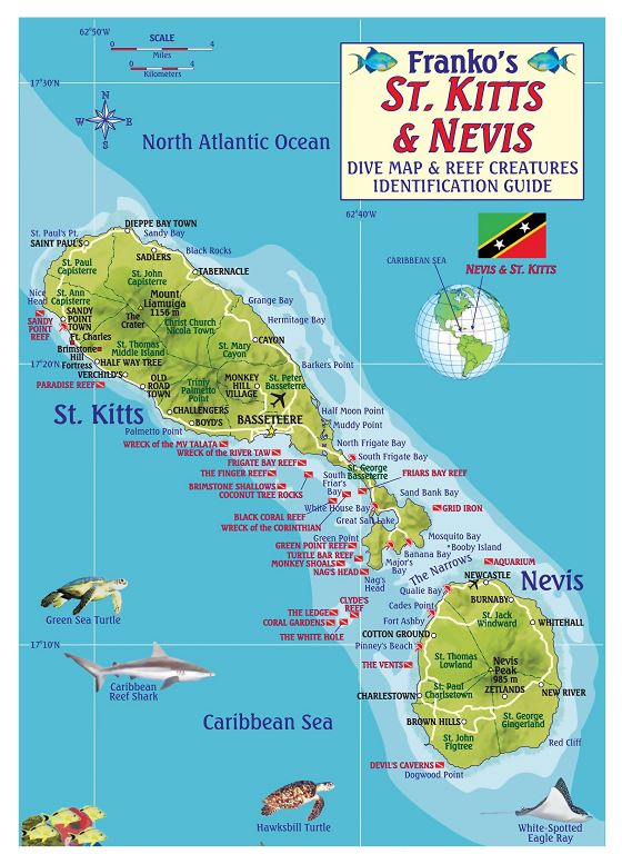 Большая детальная туристическая иллюстрированная карта Сент-Китс и Невис