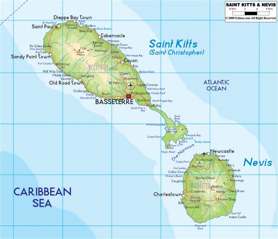 Большая физическая карта Сент-Китса и Невиса с дорогами, городами и аэропортами
