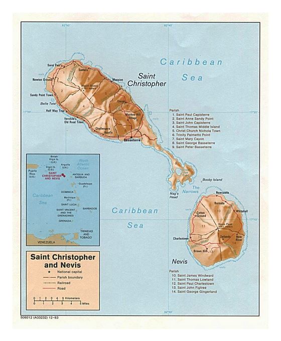 Большая политическая и административная карта Сент-Китса и Невиса с рельефом, дорогами, железными дорогами и городами - 1983