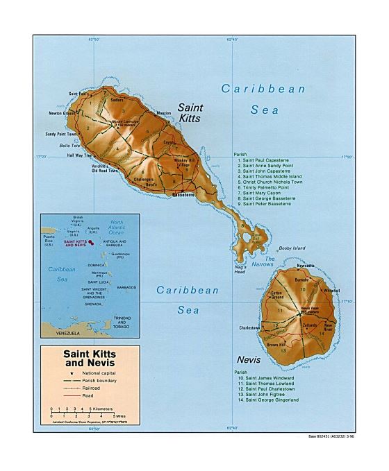 Большая политическая и административная карта Сент-Китса и Невиса с рельефом, дорогами, железными дорогами и городами - 1996
