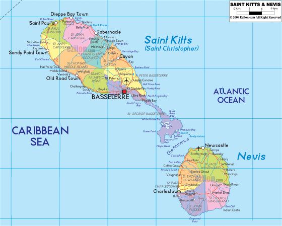 Большая политическая и административная карта Сент-Китса и Невиса с дорогами, городами и аэропортами