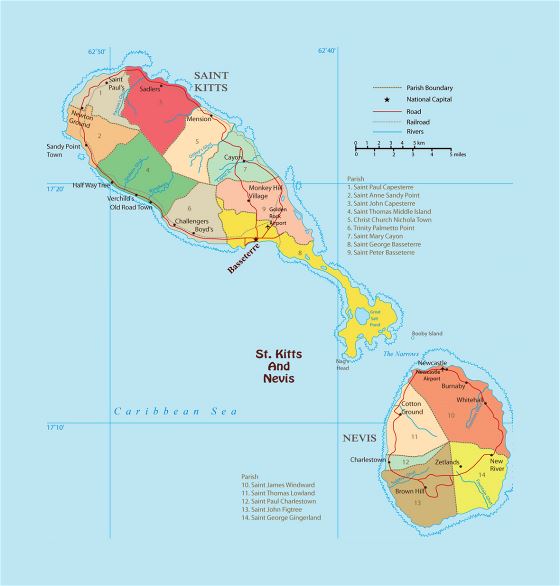 Большая политическая и административная карта Сент-Китса и Невиса с дорогами, железными дорогами, городами и аэропортами