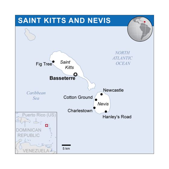 Большая политическая карта Сент-Китса и Невиса с городами