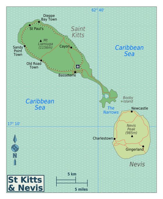 Большая карта регионов Сент-Китс и Невис с другими пометками