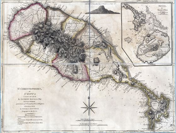 Крупномасштабная старая карта Сент-Кристоферс или Сент-Китс с рельефом и другими пометками - 1775