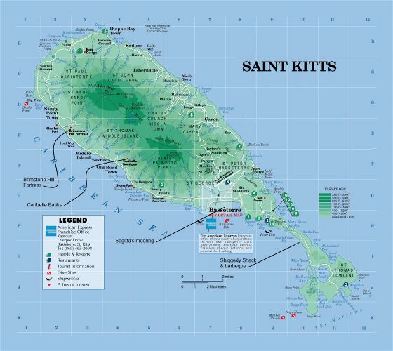 Большая туристическая карта и карта высот Сент-Китс и Невис с другими пометками