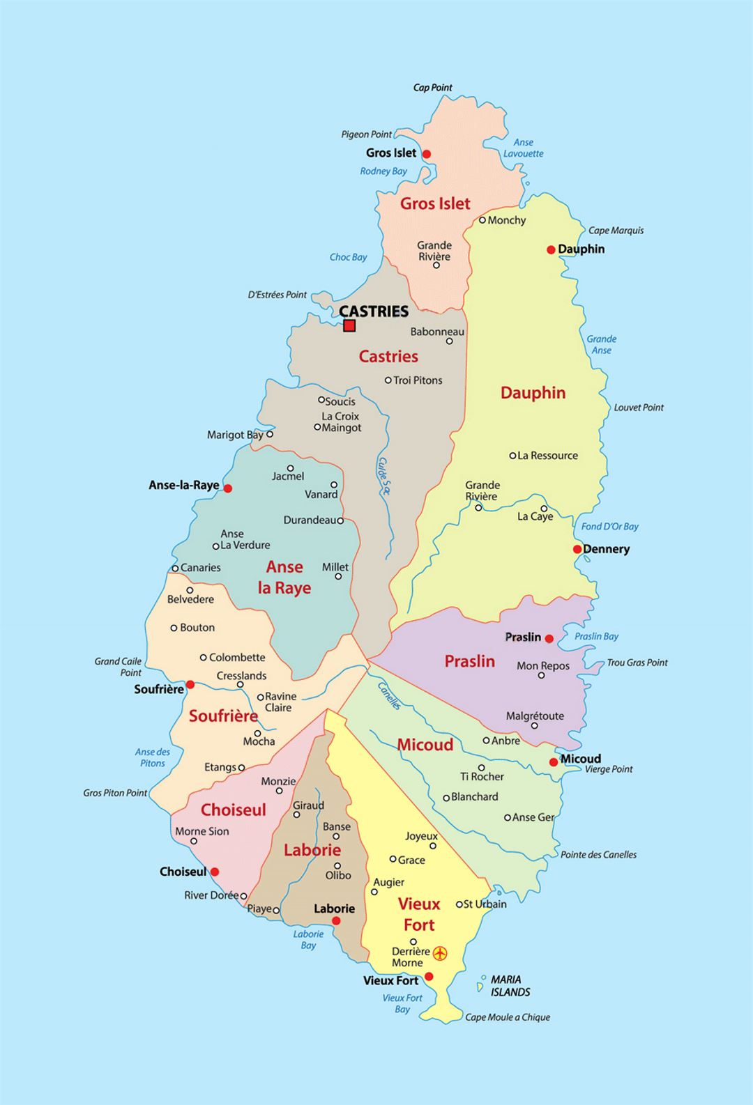 Детальная карта административных делений Сент-Люсии с городами