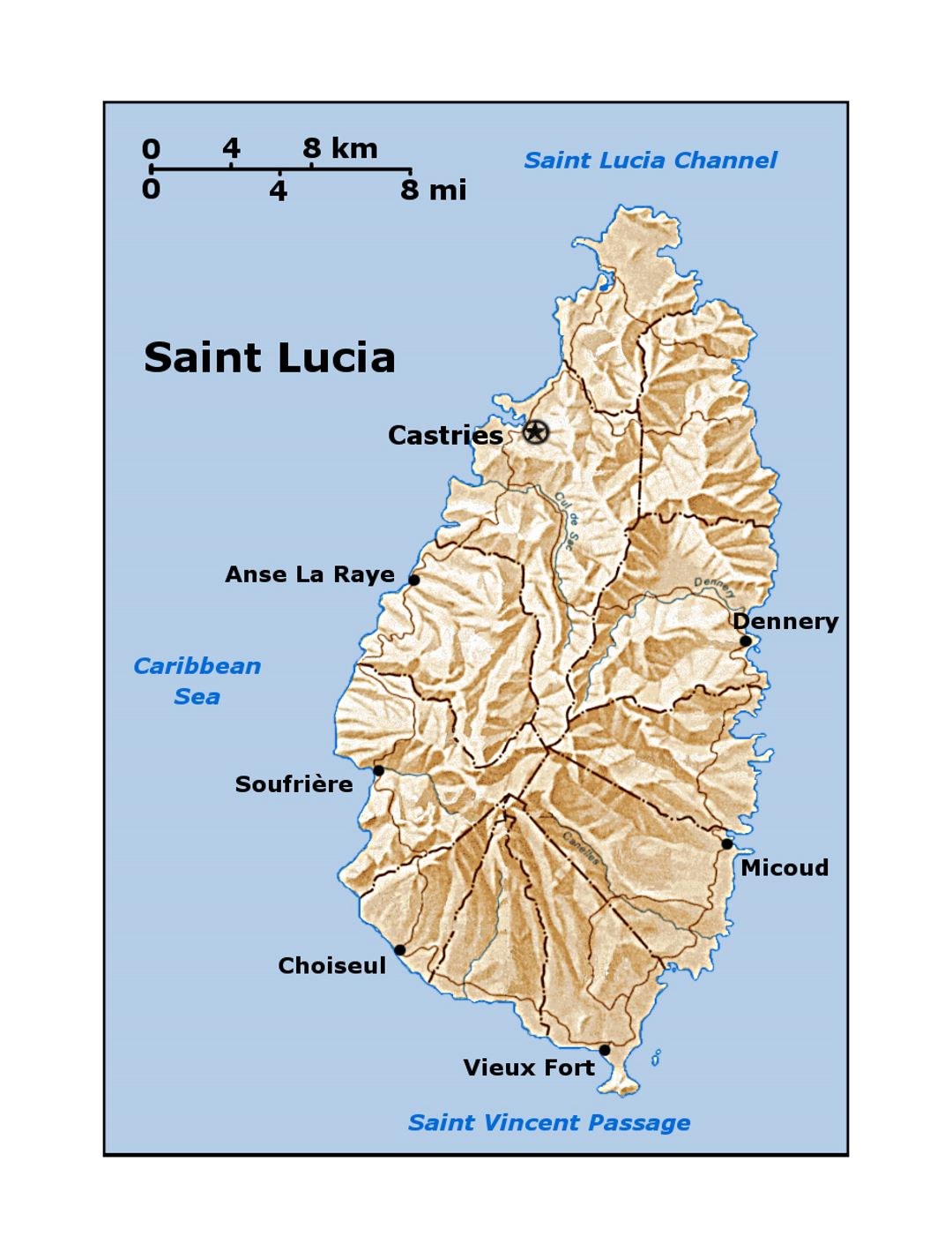 Детальная карта Сент-Люсии с рельефом