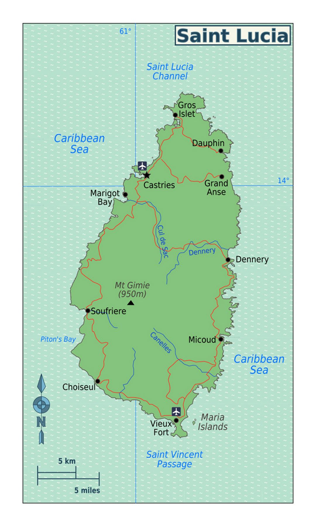 Детальная карта Сент-Люсии с дорогами, городами и аэропортами