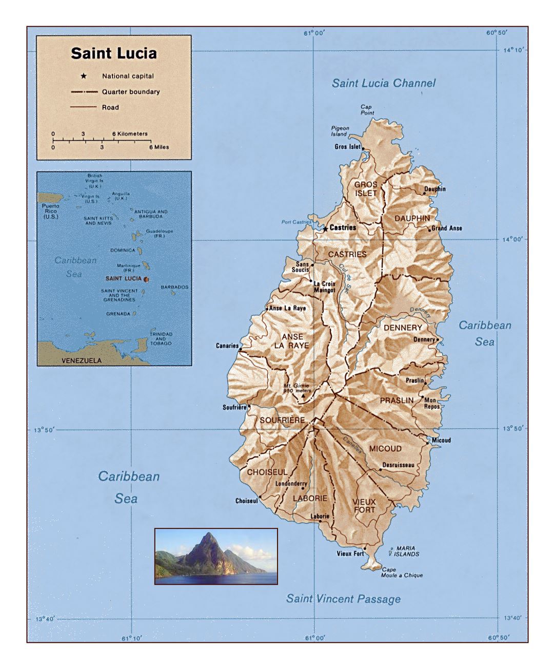 Подробная политическая и административная карта Сент-Люсии с рельефом и другими пометками