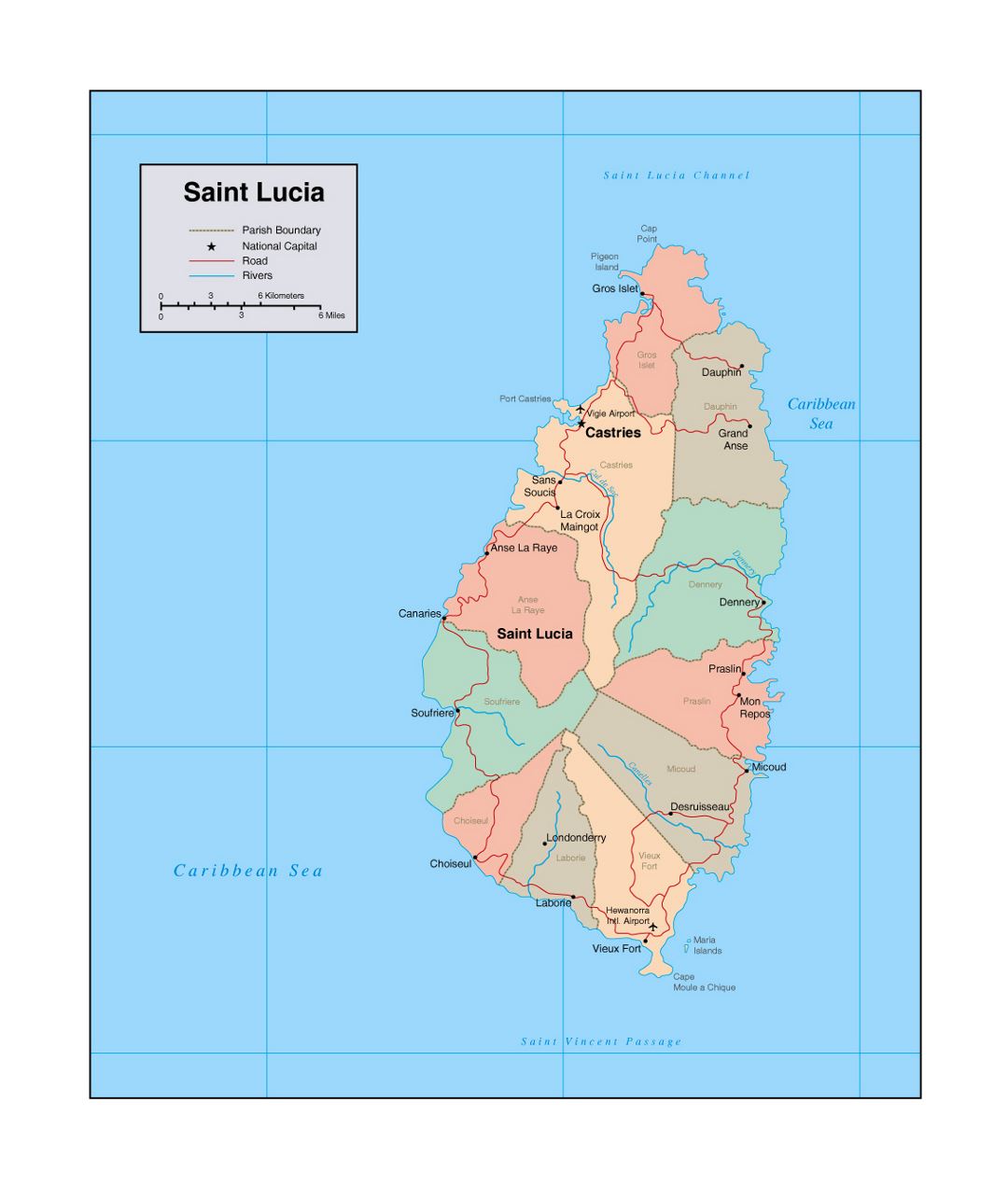 Детальная политическая и административная карта Сент-Люсии с реками, дорогами, городами и аэропортами