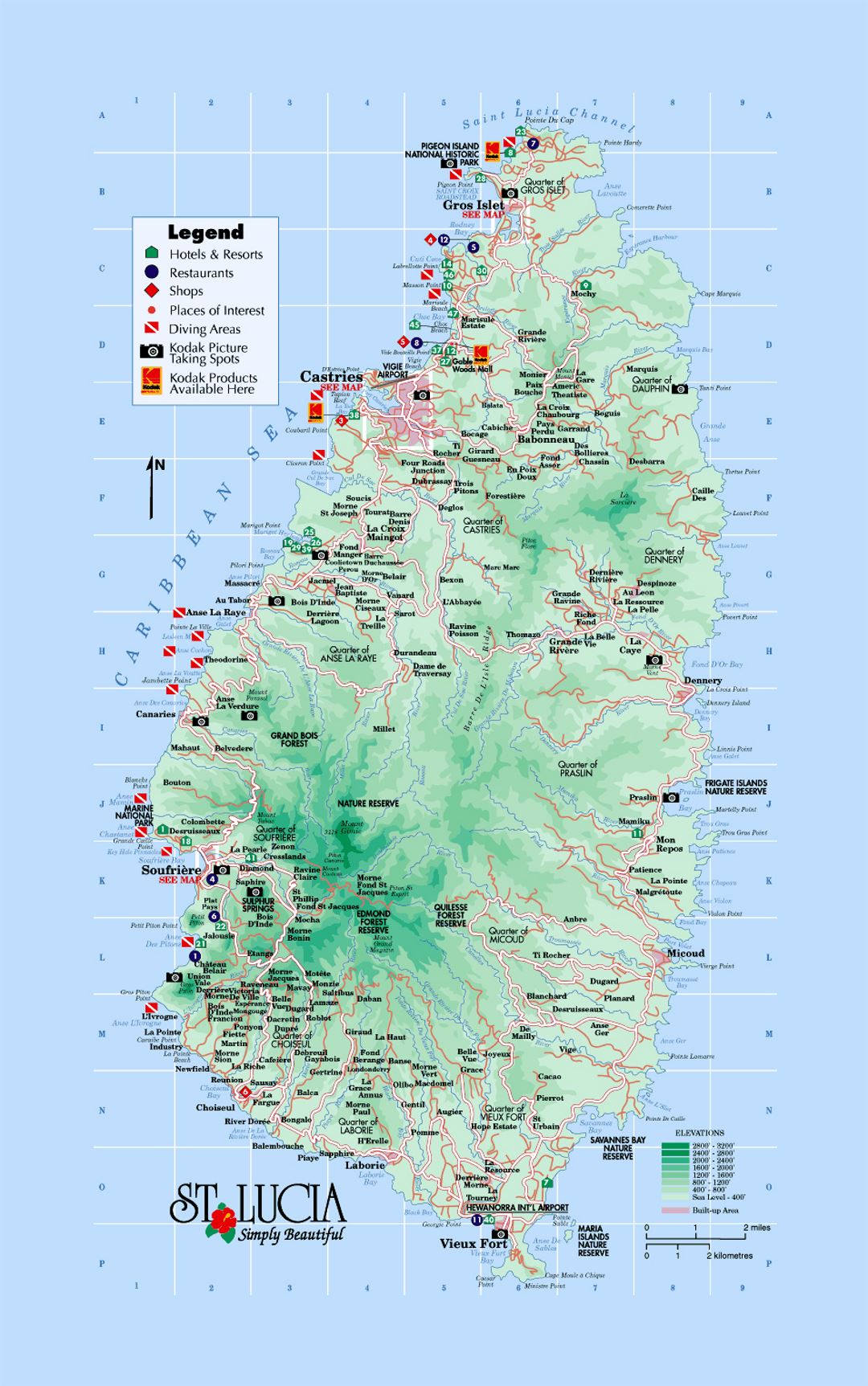 Детальная туристическая карта и карта высот Сент-Люсии с дорогами, городами и другими пометками