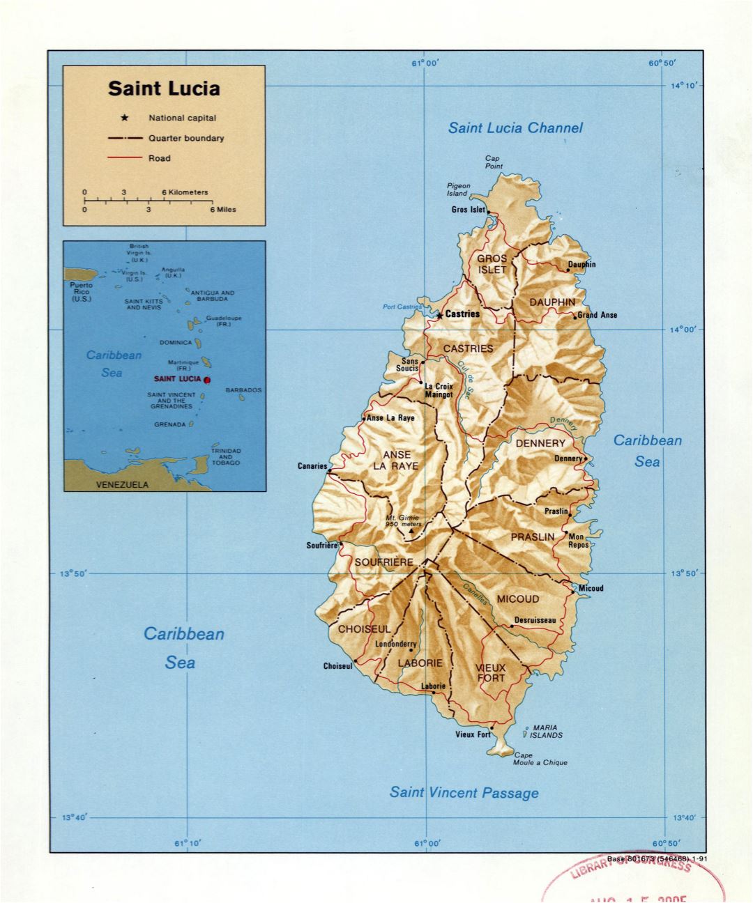 Большая подробная политическая и административная карта Сент-Люсии с рельефом, дорогами и городами - 1991