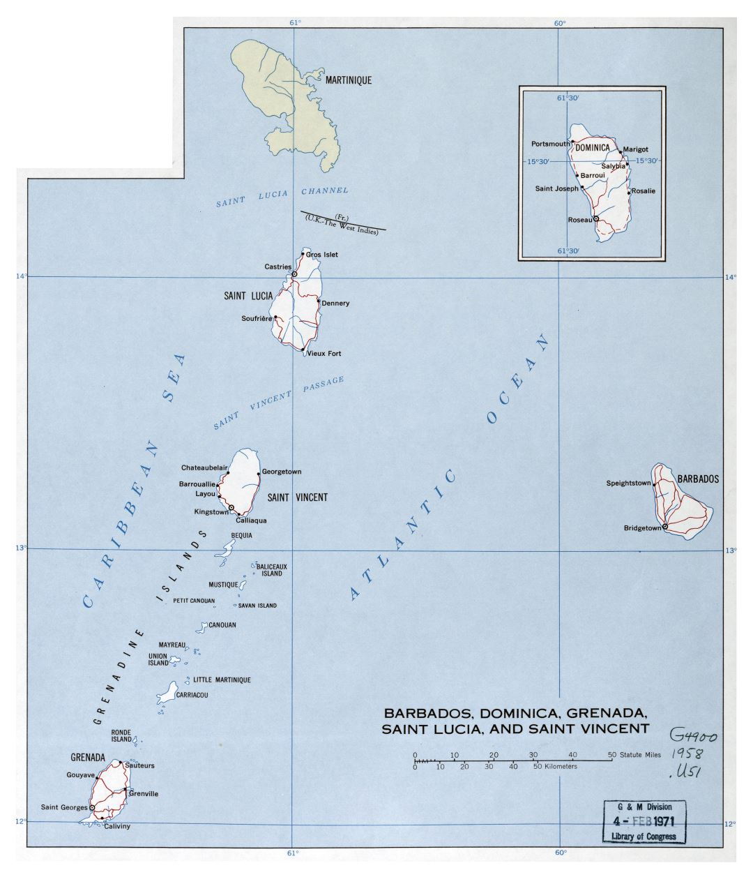 Большая детальная политическая карта Барбадоса, Доминики, Гренады, Сент-Люсии и Сент-Винсента с дорогами и городами - 1958