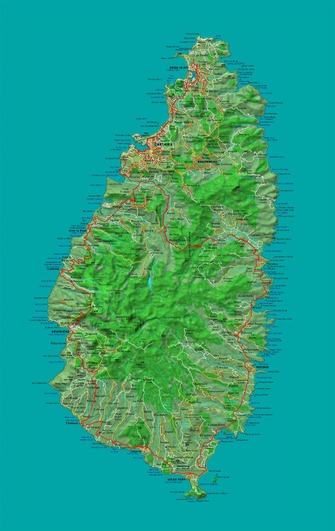 Большая детальная топографическая карта Сент-Люсии с другими пометками