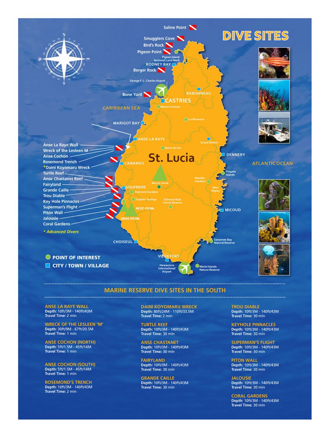 Большая карта мест дайвинга Сент-Люсии