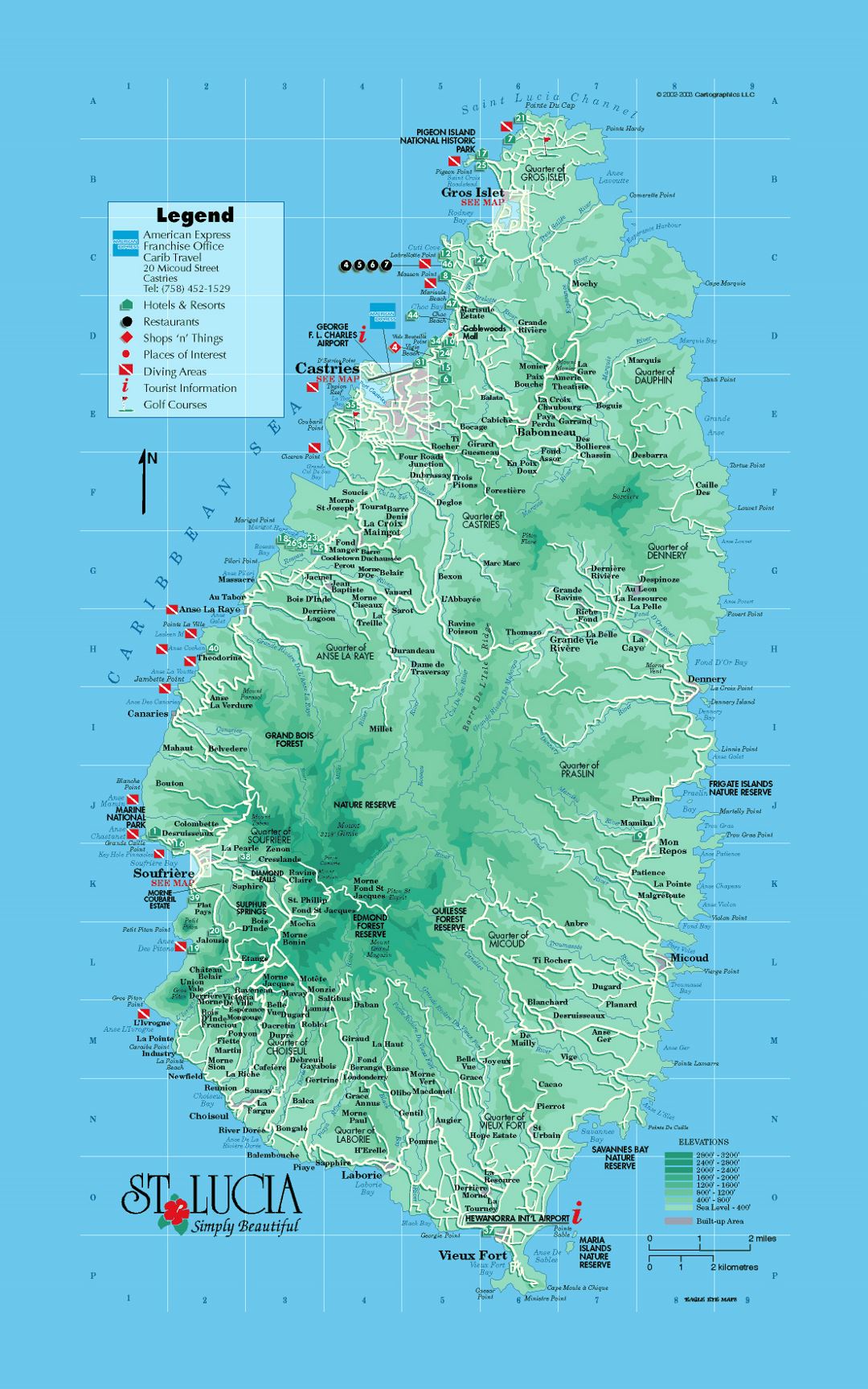 Большая туристическая карта и карта высот Сент-Люсии с дорогами, городами и другими пометками