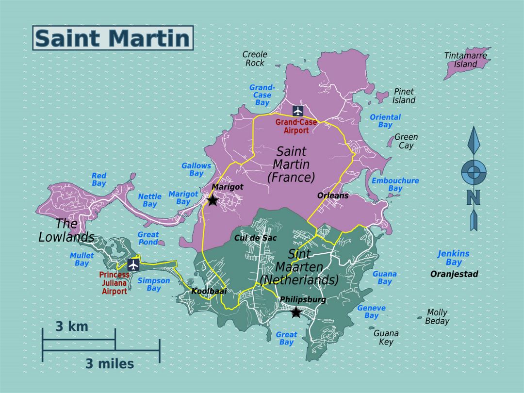 Подробная карта Синт-Мартена, Сен-Мартена с дорогами, городами, деревнями и аэропортами