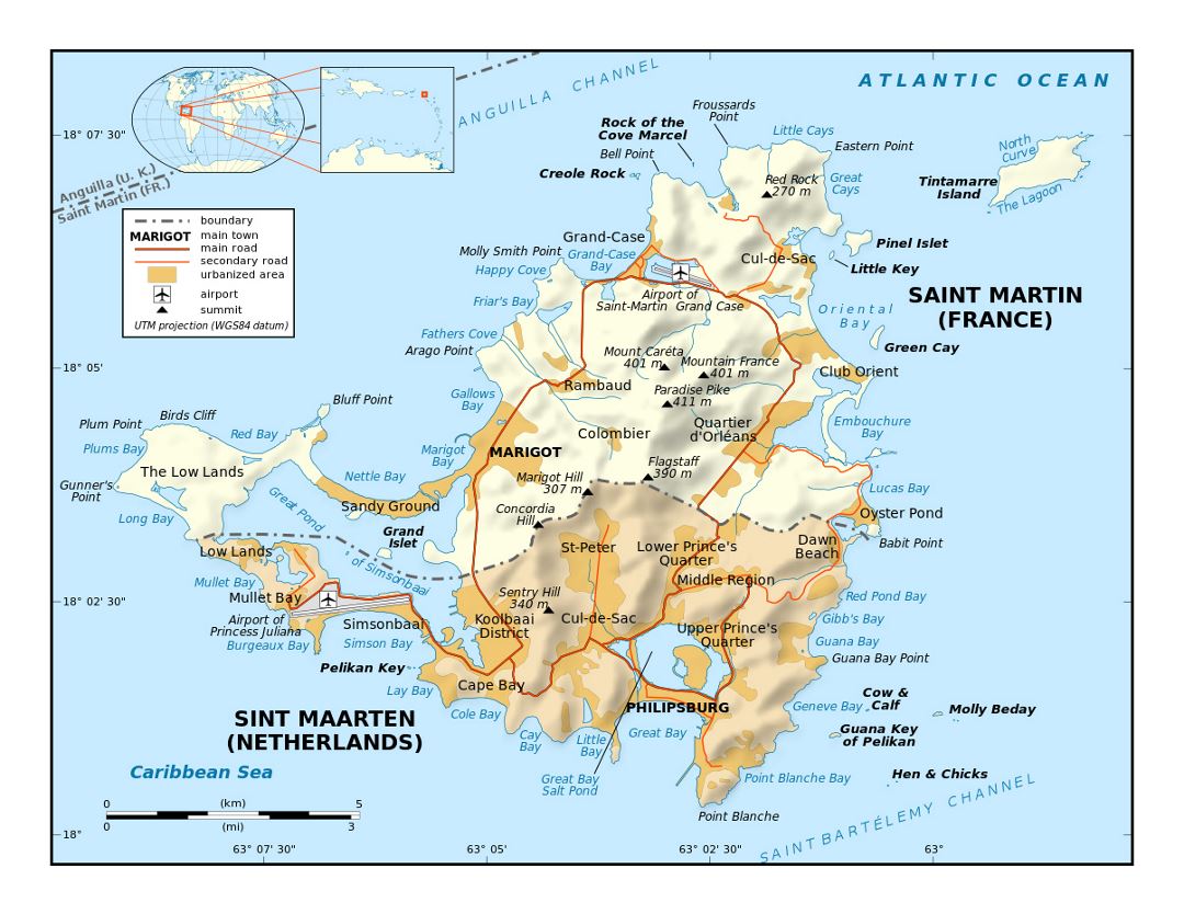 Детальная политическая карта Синт-Мартена, Сен-Мартена с рельефом, дорогами, городами и аэропортами