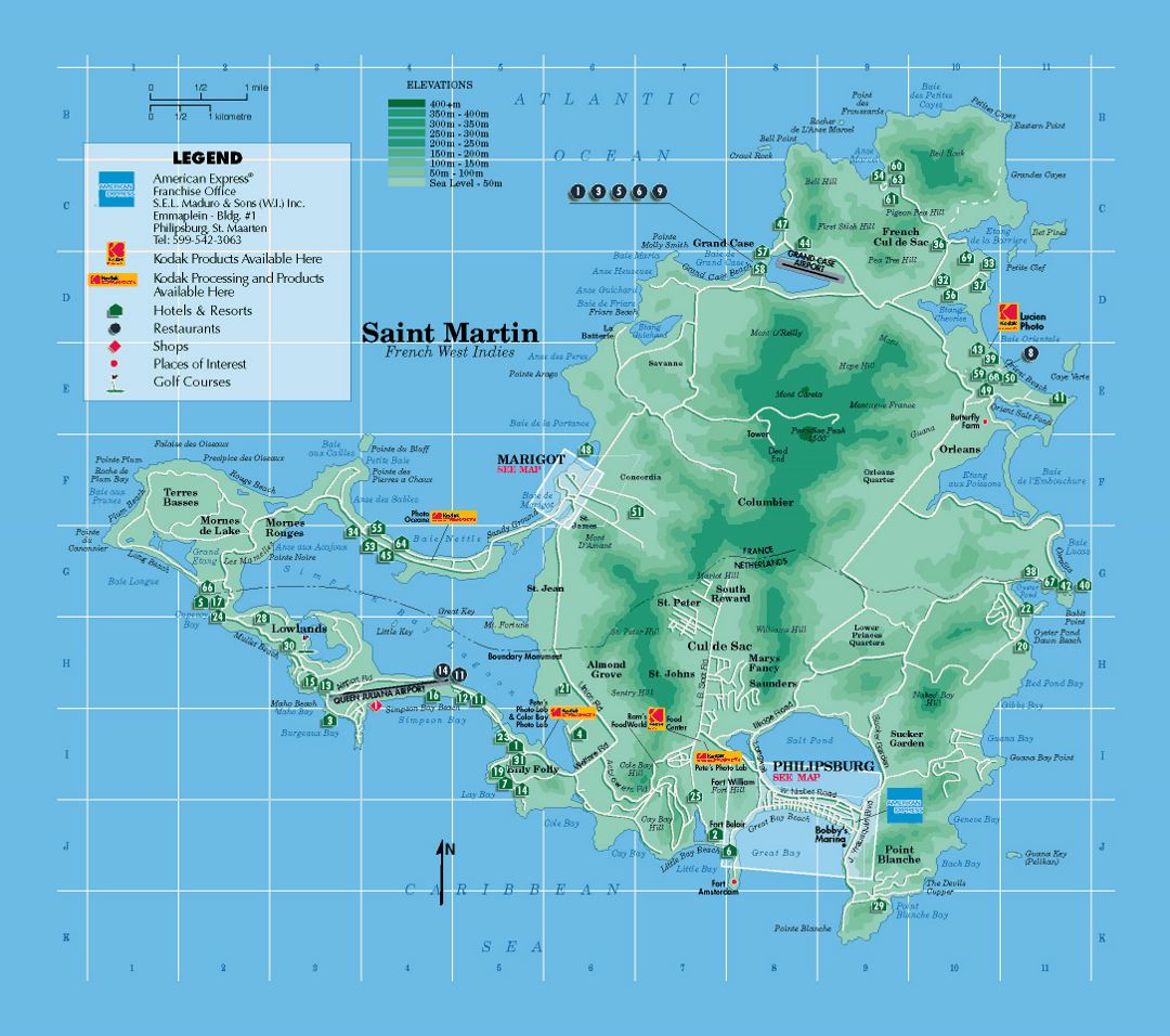 Подробная туристическая карта Синт-Мартена, Сен-Мартена с другими пометками