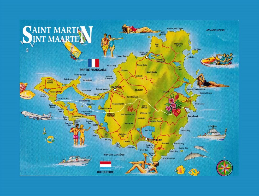 Детальная туристическая иллюстрированная карта Синт-Мартена, Сен-Мартен