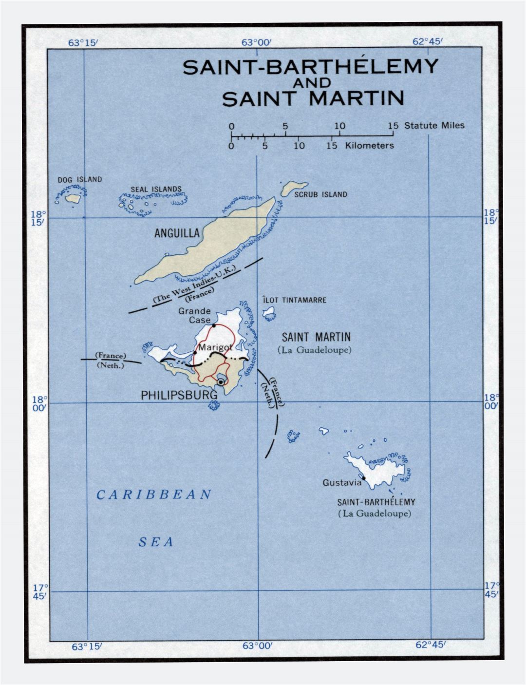 Большая детальная политическая карта Сен-Бартельми и Сен-Мартена - 1960