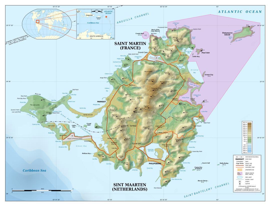 Большая подробная топографическая карта Синт-Мартена, Сен-Мартена