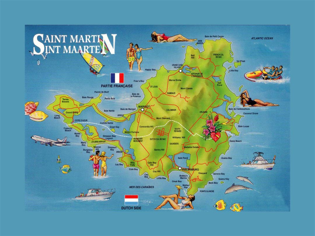 Большая детальная туристическая иллюстрированная карта Синт-Мартена, Сен-Мартена