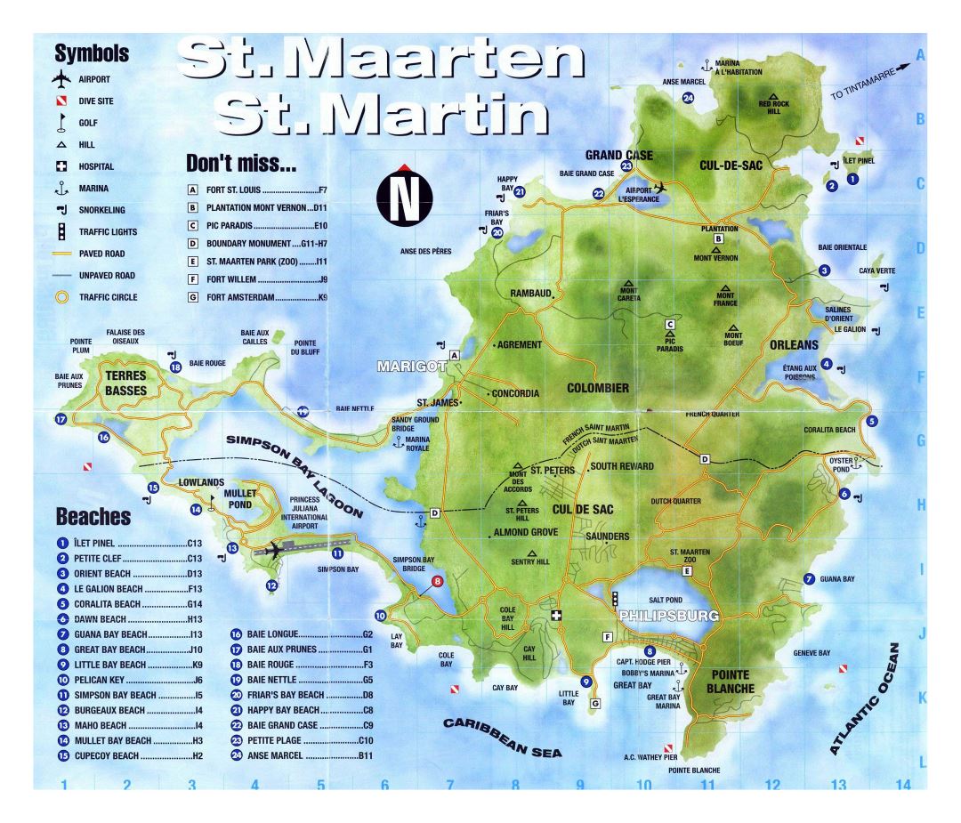 Большая детальная туристическая карта Синт-Мартена, Сен-Мартен