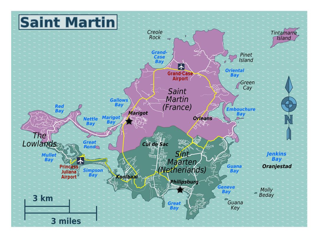 Большая карта Синт-Мартена, Сен-Мартена с дорогами, городами, деревнями и аэропортами