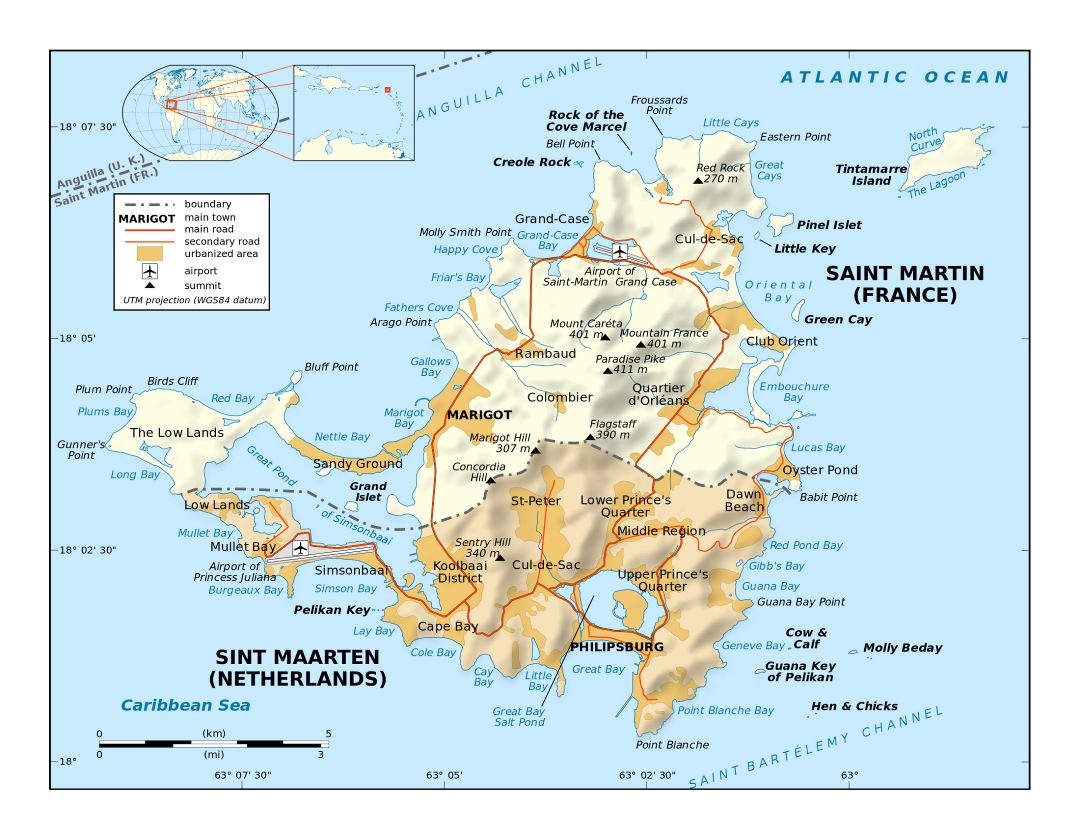 Большая политическая карта Синт-Мартена, Сен-Мартена с рельефом, дорогами, городами и аэропортами