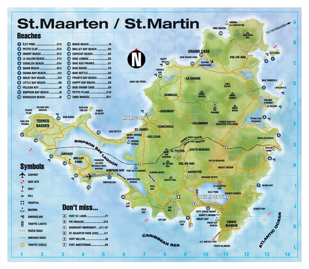 Большая туристическая карта Синт-Мартена, Сен-Мартена с другими пометками