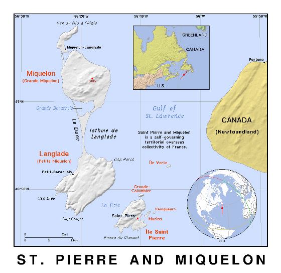 Детальная политическая карта Сен-Пьера и Микелона с рельефом