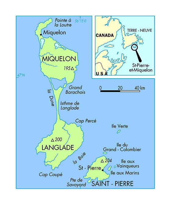 Политическая карта Сен-Пьера и Микелона с крупными городами