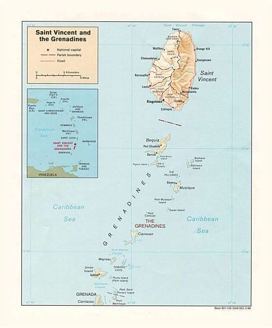 Подробная политическая и административная карта Сент-Винсента и Гренадин с рельефом, дорогами и городами - 1988
