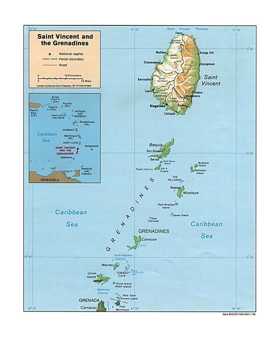 Детальная политическая и административная карта Сент-Винсента и Гренадин с рельефом, дорогами и городами - 1996