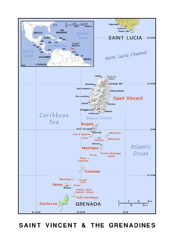 Детальная политическая карта Сент-Винсента и Гренадин с рельефом