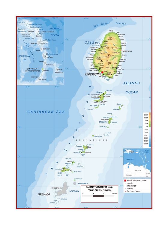 Большая детальная физическая карта Сент-Винсента и Гренадин с дорогами, городами и аэропортами
