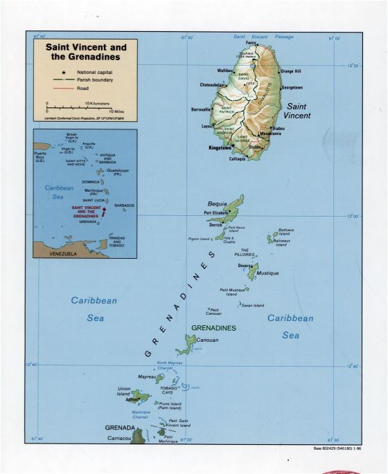 Большая подробная политическая и административная карта Сент-Винсента и Гренадин с рельефом, дорогами и городами - 1996