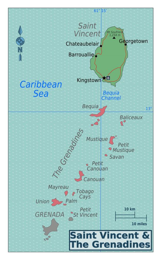 Большая детальная карта регионов Сент-Винсента и Гренадин